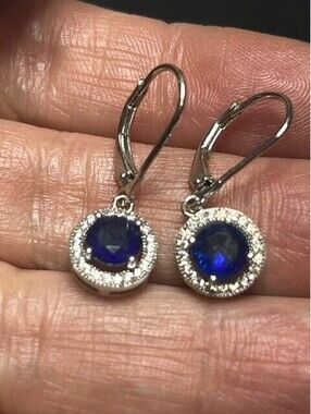 B6637 IBB Dangle Leverback Earrings Sterling Silver Blue  CZ Halo 1"